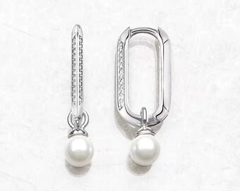Orecchini pendenti con maglie pavé e perle, orecchini a cerchio in argento sterling con maglie e perle, gioielli da sposa, regali per damigelle d'onore