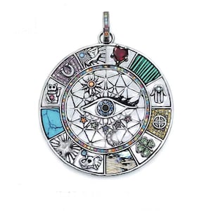 Pendentif symboles porte-bonheur amulette, argent sterling S925, pendentif vintage pour collier symbole de chance, de prospérité et de bonne fortune