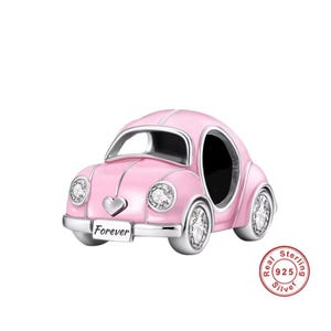 Vintage Pink Beetle Car Charm, Hippie Charm, Hippy Jewellery, S925 Genuine sterling silver & Enamel , Charm for Bracelets