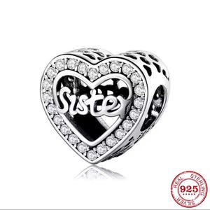 Sister Heart Charm Fits Pandora Bracelets , Sister CZ Charm