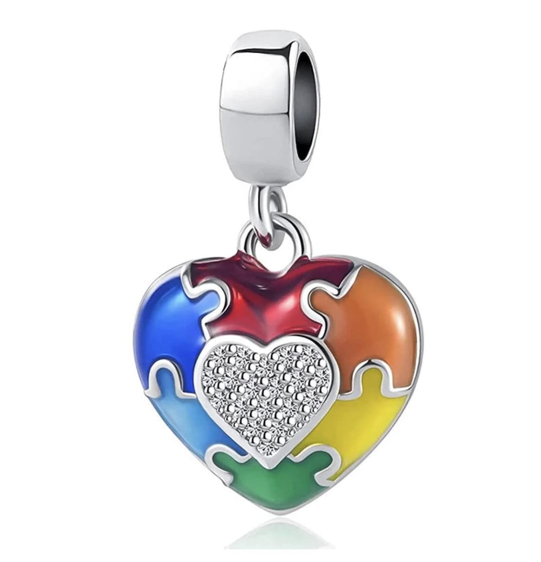 Autism Awareness Heart Puzzle Charm , S925 Sterling Silver & CZ, Autism ...