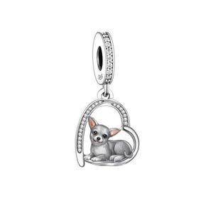 Pingente de Chihuahua Dangle Charm, Prata esterlina genuína e CZ, Charm para pulseira, colar, Puppy Love Charm