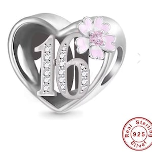 Sweet 16th Birthday Anniversary Charm, Fits all charm Bracelets, Number 16th charm gift, Genuine sterling silver & CZ