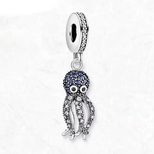 Blue Octopus Charm, Ocean Sea Octopus Dangle Charm for European style Bracelet or Lobster Claw Charm ,  100% Genuine Sterling Silver & CZ