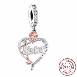 Sister Heart Charm Fits Pandora Bracelets , Sister CZ Charm