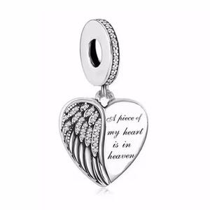 Angel wings charm A Piece of my Heart is in Heaven Memorial Charm S925 sterling silver and CZ, In Memory Of, Loss Sympathy Jewelry