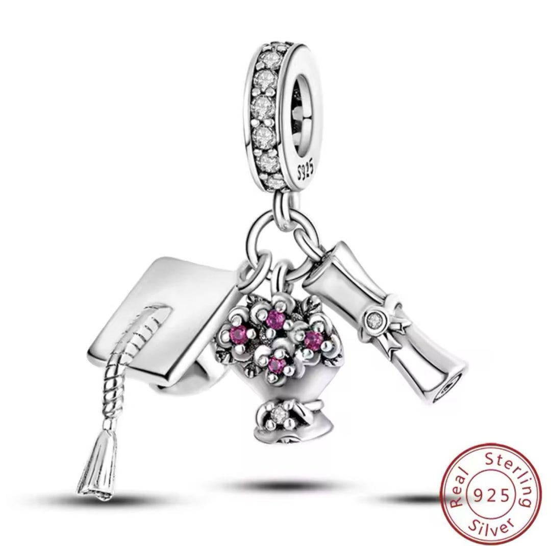Graduation Dangle Charm , Cap Diploma & Flower Bouquet Pendant ...