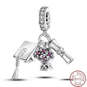 Dije colgante de graduación, birrete, diploma y ramo de flores, dije de plata de ley 925 auténtica compatible con pulseras, joyería de graduación