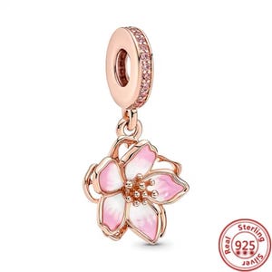 シルバーの桜チャーム、ローズゴールドのピンクの花チャーム、S925スターリングシルバーとローズゴールドメッキ、CZフラワーチャーム