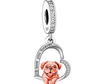 Pug Dog Pendant Dangle Charm , Genuine Sterling Silver & CZ, Charm for Bracelet, Necklace, Puppy Love Charm