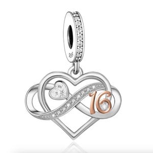 Sweet 16th Birthday Infinity Heart Dangle Charm, Fits all charm Bracelets, Number 16th gift, Genuine sterling silver & CZ