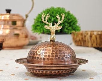 Açucareiro de cobre martelado com tampa de veado: decoração vintage de fazenda