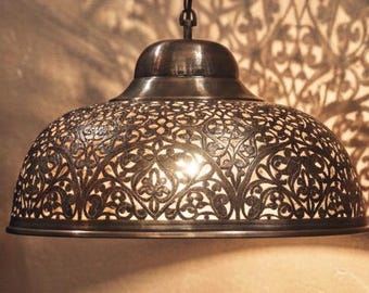 Lustre de cobre gravado à mão, luminária pendente industrial de cobre, luminária pendente em formato de cúpula extragrande