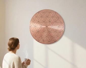 Decoração de parede Flor da Vida em cobre maciço - Arte de parede com geometria sagrada feita à mão - Decoração espiritual para casa e para meditação e ioga.