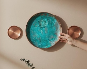 Arte de parede abstrata em cobre, decoração de parede com pátina, arte de parede moderna em metal, peça de parede em cobre feita à mão, decoração com pátina verde, decoração minimalista para casa.