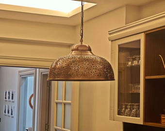 Hand Engraved Copper Chandelier,Industrial Copper Hanging Lamp,Oversized Dome Pendant Light