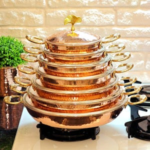 Handmade Turkish Copper Pan Set with Lids: Hammered Copper Cookware