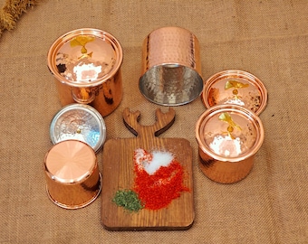 Conjunto de 4 potes de cobre artesanais para especiarias, com tampa, para cozinha.