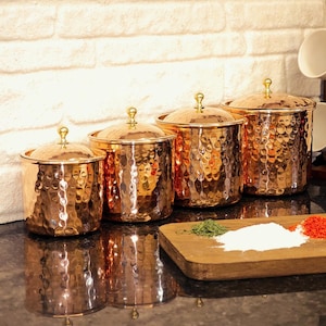 Handmade Copper Canister,Copper Spice Lidded Jar Set of 4, Handmade Storage Jars,House Warming Gift,Copper Kitchen Decoration