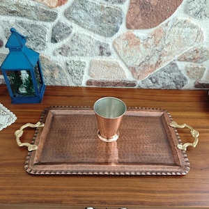 Handcrafted Copper Serving Tray: Large Rectangle Tray with Brass Handles