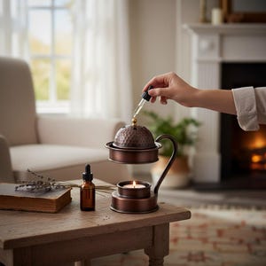 Handgemaakte koperen patina wierookbrander, olieverwarmer en waxmeltbrander