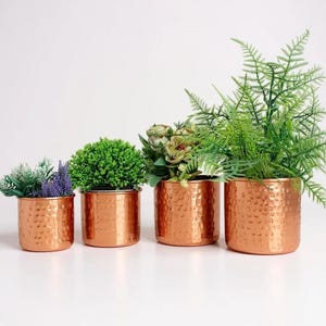 Puede incluir: Cuatro macetas de metal color cobre con textura martillada, cada una llena de diferentes tipos de vegetación y flores. Las macetas varían en tamaño, creando una disposición visualmente atractiva. Las plantas incluyen lavanda, verde y follaje similar a helechos.