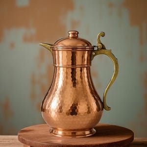 May include: A copper pitcher with a hammered texture, a lid, and a brass handle. The pitcher is displayed on a round wooden stand. The copper has a warm, reflective glow, and the handle has a curved design.
