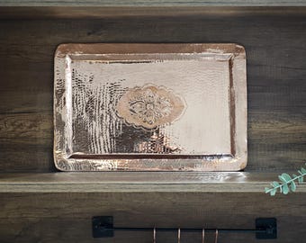 Bandeja rectangular primitiva de cobre macizo, plato para servir de cobre martillado a mano,