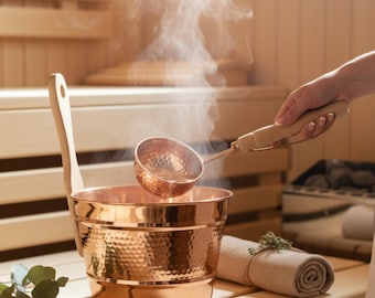 Balde e concha de cobre para sauna com cabo de madeira: acessórios para spa