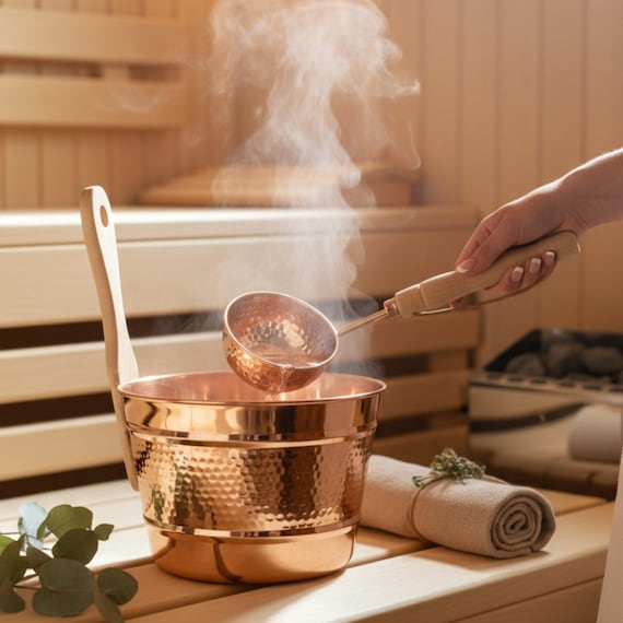 Copper Sauna Bucket and Ladle with Wooden Handle: Spa Accessories