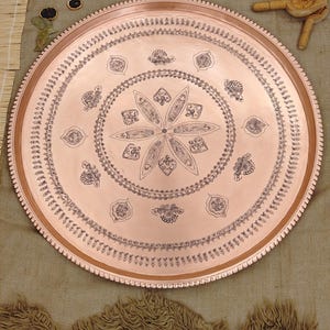 Oversized Engraved Copper Serving Tray: Farmhouse Ottoman Decor