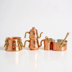 Miniature Copper Cookware Set of 4 – Dollhouse Kitchen Accessories, Handmade Collectible Mini Copper Decor