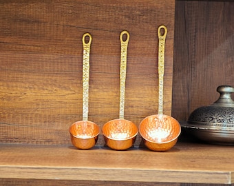 Handmade Copper Ladle Set: Rustic Kitchen Utensils, Brass Handles