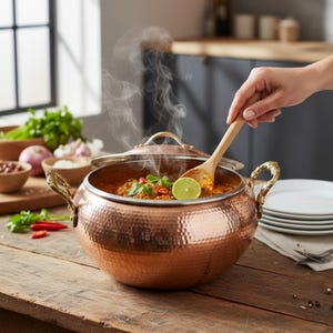 Olla y cacerola de cobre martillado hechas a mano, olla rústica de cobre con tapa, juego de utensilios de cocina