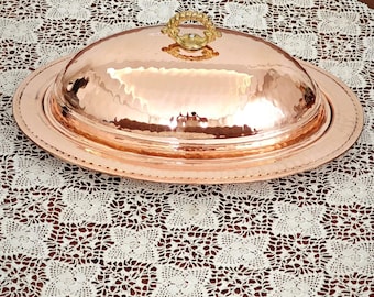 Handmade Copper Serving Plate with Lid,Hammered Copper  Oval Tray