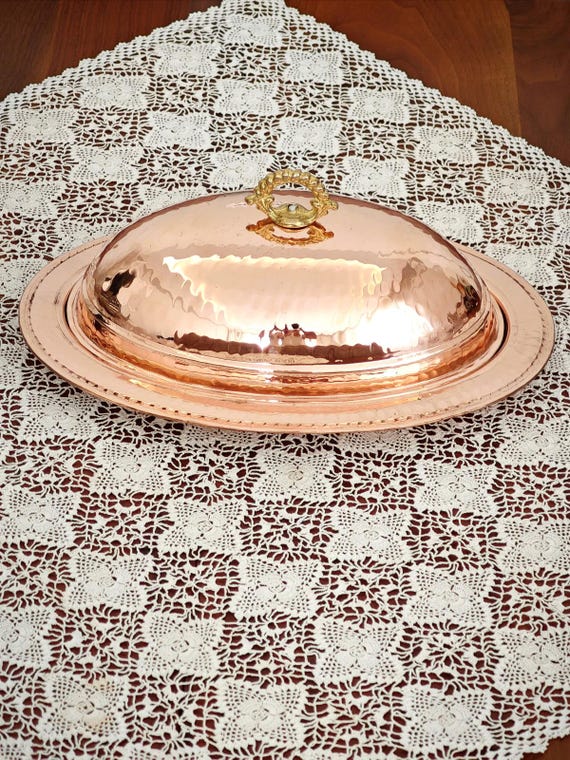 Handmade Copper Serving Plate with Lid,Hammered Copper  Oval Tray