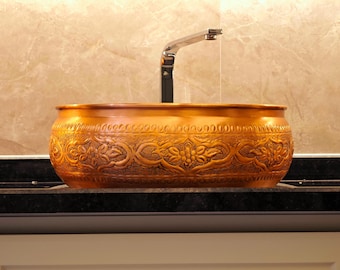 Cuba de cobre gravada à mão – 40,6 cm (16 pol.) para banheiro estilo turco