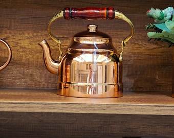 Handmade Copper Teapot, Copper Tea Kettle with Wooden Handle, Turkish Stovetop Kettle
