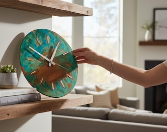 Relógio de parede com pátina de cobre, relógio de cobre incomum industrial, decoração de parede rústica