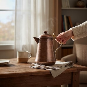 Handgjord kopparmjölkkanna, hamrad kopparkanna med mässingshandtag, turkisk koppartekanna eller vattenkanna