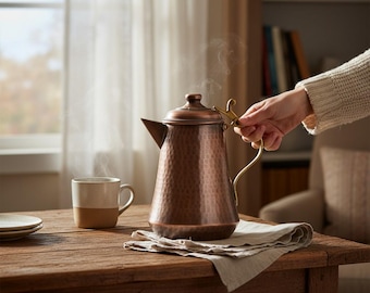 Jarra de leite artesanal em cobre, panela de cobre martelado com alça de latão, jarra de água.