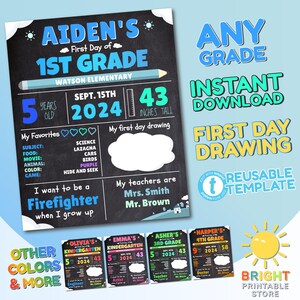 Editable Blue First Day of School Sign | Personalized Chalkboard Back to School | 1st Day of School Prop | Any Grade Sign | Kindergarten