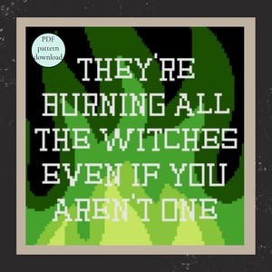 May include: A cross-stitch pattern with the text "THEY'RE BURNING ALL THE WITCHES EVEN IF YOU AREN'T ONE" in white block letters on a green and black background. The pattern includes a PDF download option.