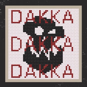 May include: A black and white pixel art design of a skull with the word "DAKKA" repeated three times in red letters. The design is 50 x 50 squares.