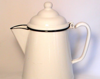 Vintage Large ENAMELWARE COFFEEPOT White w/Black Trim w/LID 12" Large Country Cowboy Farmhouse Decor Rustic