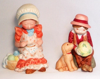 2* Vintage Holly Hobbie PORCELAIN FIGURES Girl Boy with Dog MINIATURES Collectibles