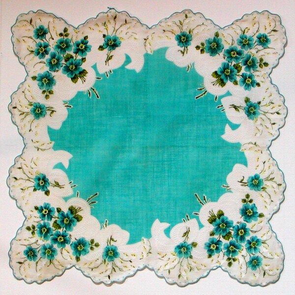 Vintage // 1960's // AQUA FLORAL HANKIE // Ladies Cotton Handkerchief // Scalloped Edges // Like New // Vibrant Colors