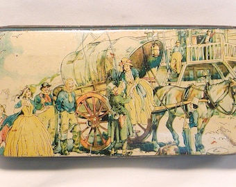 Vintage THORNE'S CANDY TIN Leeds England "The World's Premier Toffee" Collectible Covered Wagon Graphic Horse People