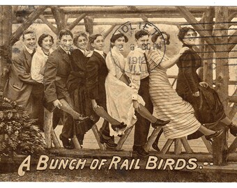 1912 Antique RPPC "A Bunch of Rail Birds" People Theochrom JOLIET IL Evansville Indiana Series 1230-52 Divided Back Sepia Postmarked