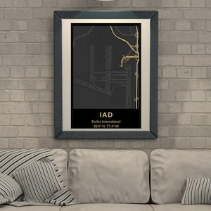Minimalist Dulles International Airport (IAD) Map Wall Art Washington Travel Decor Printable Aviation Gift for Home or Office